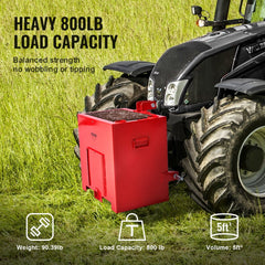 Red steel 3-point tractor ballast box with 800lb capacity and sliding door for easy access.