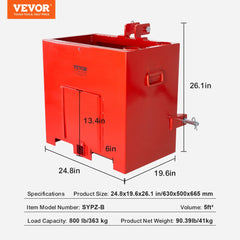 Red steel 3-point tractor ballast box with 800lb capacity and sliding door for easy emptying.