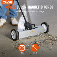 18-inch push-type magnetic sweeper with rolling design and adjustable handle for easy debris pickup.