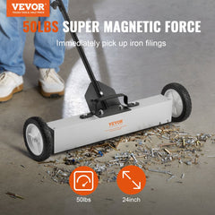 Bostome 50lbs rolling magnetic sweeper with a 24-inch wide pickup and adjustable handle.