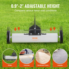 Bostome 50lbs rolling magnetic sweeper with 24-inch width and 7-inch rubber wheels.