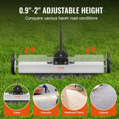 24-inch rolling magnetic sweeper with wheels, adjustable height from 0.9 to 2 inches, picking up nails on grass and various surfaces.