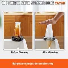 Bostome glass rinser with 10 rotating jets on matte black base, showing dirty glass before and clean after.