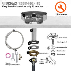 Bostome glass rinser with 10-jet 360-degree rotating stainless steel head and matte black base, shown with installation parts.
