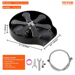 Matte black stainless steel glass rinser with 10-jet 360-degree rotating head and dimensions.