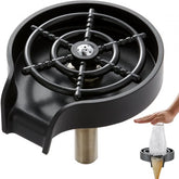 Black 10-jet 360° rotating glass rinser for sink with hands-free cup washing.