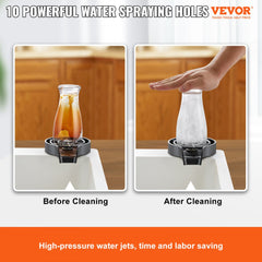 Black Bostome Glass Rinser with 10-jet 360° rotation, showing before and after cleaning a glass in sink.