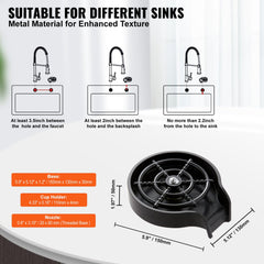 Black 10-jet rotating glass rinser with measurements and sink installation guide.