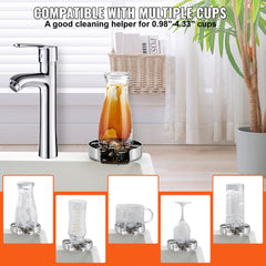 Stainless steel glass rinser attached to faucet with 10 jets, shown rinsing a pitcher and compatible with various cups.