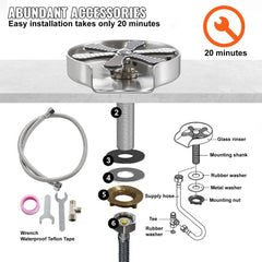 Bostome 304 stainless steel glass rinser with 10 jets, shown assembled and disassembled for installation.