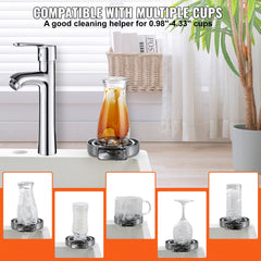 Stainless steel glass rinser with 10-jet 360-degree rotating spray on sink, shown with various cups.