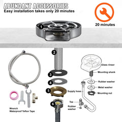 Bostome glass rinser with 10-jet 360-degree rotating stainless steel design and installation parts.