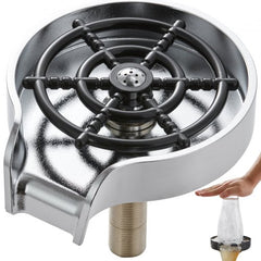 Silver grey Bostome glass rinser with 10 jets for efficient cup cleaning in the sink.