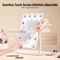 White Hollywood vanity mirror with lights, 5X magnification, and touch controls for brightness.