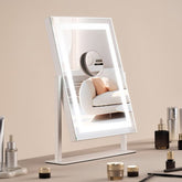 Square lighted makeup mirror with three color settings and 5X magnification.