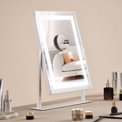 Square lighted makeup mirror with three color settings and 5X magnification.