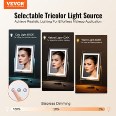 Square lighted makeup mirror with three color settings and 5X magnification.