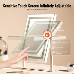 Square lighted makeup mirror with three color settings and 5X magnification.