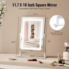 Square lighted makeup mirror with three color settings and 5X magnification.