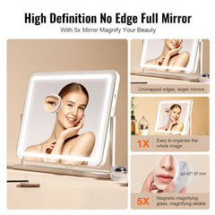 Lighted makeup vanity mirror with 3 color settings and 5X magnification, featuring a USB port.