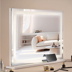 Lighted makeup mirror with three-color LED, detachable magnifying mirror, and USB charging port.