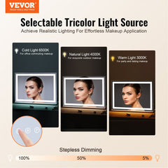 Lighted makeup mirror with three-color LED, touch controls, and detachable 5X magnifying mirror.
