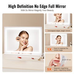 Lighted makeup mirror with three-color LED, detachable 5X magnifying mirror, and USB charging.