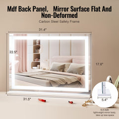Lighted makeup mirror with three-color LED, detachable 5X magnifying mirror, and USB charging port.