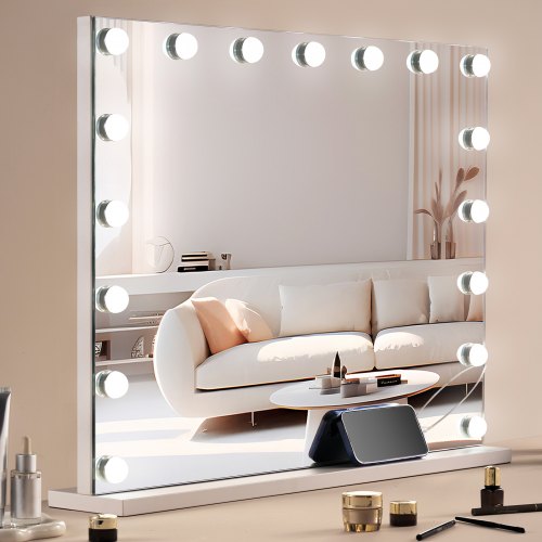 Bostome Hollywood Vanity Mirror with lights, featuring three-color light source and 5X magnifying mirror.