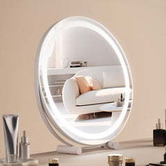 Round 20-inch LED vanity mirror with smart touch controls and three color light settings.