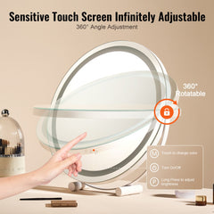 Round LED vanity mirror with smart touch controls and three color light settings.