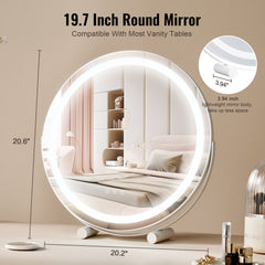 Round LED vanity mirror with smart touch controls and three color light settings.