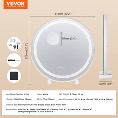 Round LED vanity mirror with smart touch controls and three color light options.