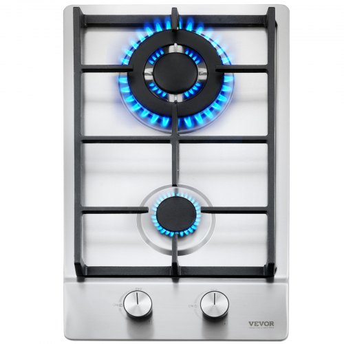 Stainless steel 12" built-in gas cooktop with two burners for efficient cooking.