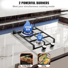 Stainless steel 12" built-in gas cooktop with two burners for LPG/NG use.