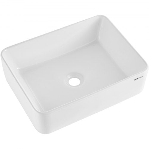 White rectangular ceramic vessel sink, 19x14.7 inches, with central drain.