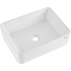 White rectangular ceramic vessel sink with smooth glossy finish and central drain hole.