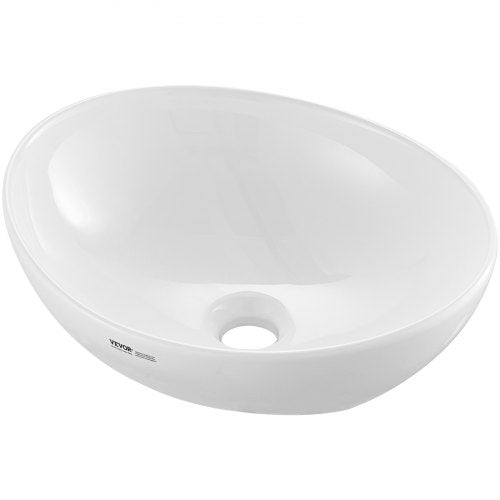 White 16-inch ceramic vessel sink with a glossy finish and deep splash guard for water containment.