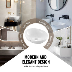 White 16-inch ceramic vessel sink with a glossy finish and deep splash guard for bathrooms.