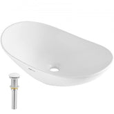 White ceramic vessel sink with oval shape and included drain fitting, measuring 23.3 by 14.2 inches