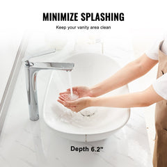White ceramic vessel sink on vanity with faucet, water flowing into 6.2-inch deep basin, minimizing splashes.