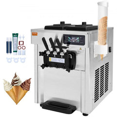 Silver countertop soft serve ice cream machine with 3 flavors, displaying cones and accessories.