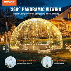 A 12-foot transparent PVC dome bubble tent with 360-degree views, zipper door, and triangle windows for airflow.