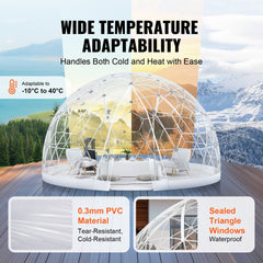 Transparent 12ft dome bubble tent with PVC panels and sealed triangle windows for outdoor use.