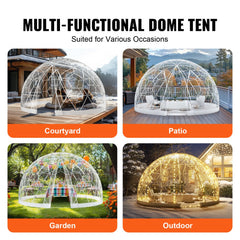 Transparent 12FT PVC dome bubble tent for outdoor use in courtyard, patio, garden, and winter settings.