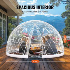 Transparent 9.5FT dome bubble tent with two people inside on a wooden patio outdoors.