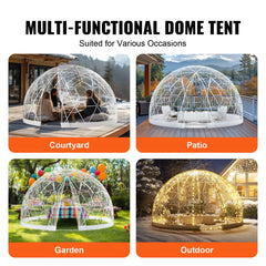 Transparent 9.5FT PVC dome bubble tent shown in courtyard, patio, garden, and outdoor settings.