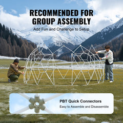 Two people assemble a 9.5FT transparent PVC dome bubble tent outdoors using PBT quick connectors in a snowy mountain landscape.