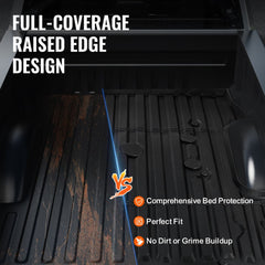 Comparison of dirty truck bed versus clean Bostome TPE mat with raised edges and full coverage for Ford F-250/F-350.