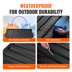 Bostome TPE truck bed mat for 2017-2024 Ford F-250/F-350 6.8ft bed, highlighting weatherproof durability from -25°C to 85°C, all-weather protection, non-absorbent material, and resistance to cracks, scratches, and wear.